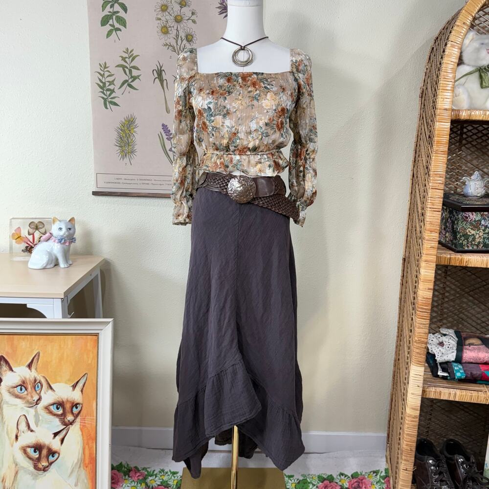 90s Y2k Floral Crop Ruffle Pesant Top Hippie Boho Fairy Grunge Forest Festival S